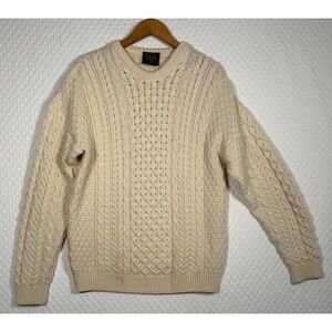 Carraig Donn VTG Sweater Men M Ivory Wool Aran Fisherman Cable Knit Ireland FLAW